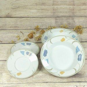 Dansk 3 Soup Bowls and 3 Flasks Tivoli Belles Fleurs Floral Blue Peach Flowers